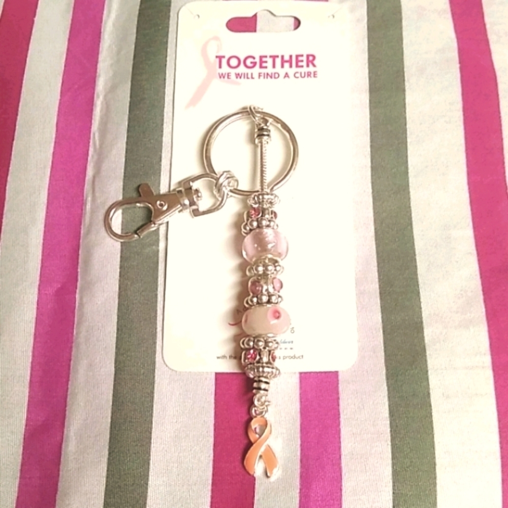 😻 3 For $15 Pink Ribbon Beaded Key Ring/Bag Clip